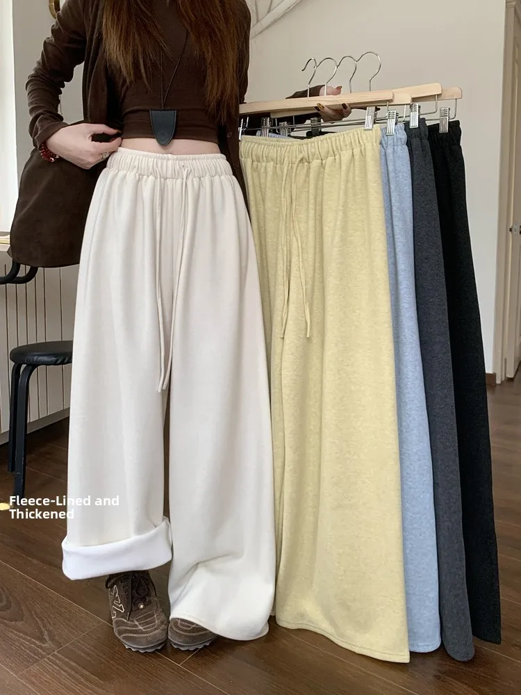 

Женские модные брюки Kumikumi из утолщенного флиса с широкими штанинами, на шнурке, с высокой талией, прямого кроя, в пол, для весеннего сезона