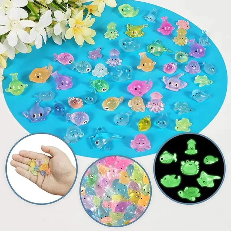 50PCS Mini Resin Ocean Animal Figurines Glow in The Dark Miniature Figurines Aquarium Ornaments Charms for ome Birthday Party