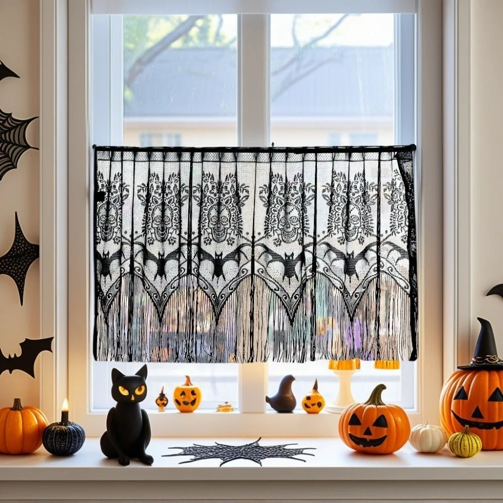 Gothic Style Lace Bat Skeleton Head Lampshade Decorative Black Spider Web Lamp Shade Cover Scary Halloween Table Cover