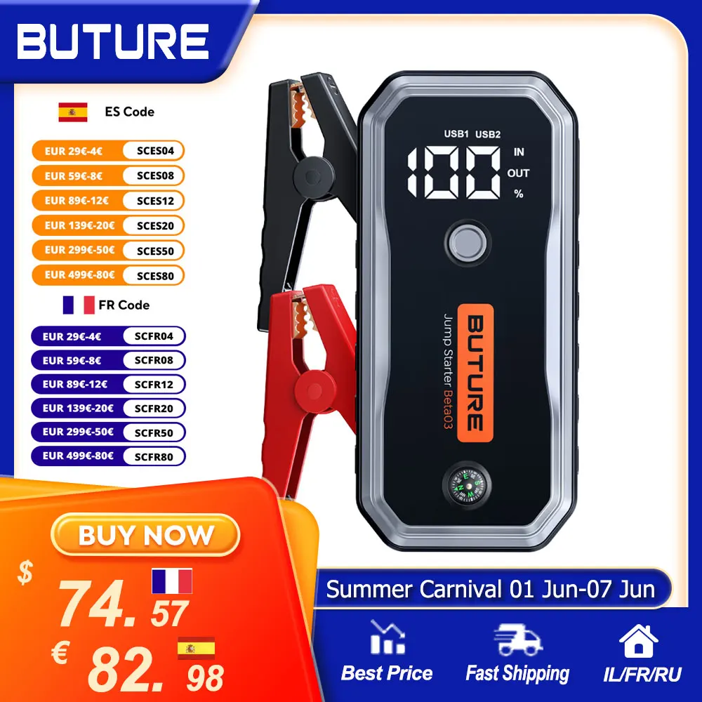 

BUTURE 5000A Jump Starter 160W DC Quick Charge 26800 mAh Car Power Bank Portable For Emergency Booster Starting Device