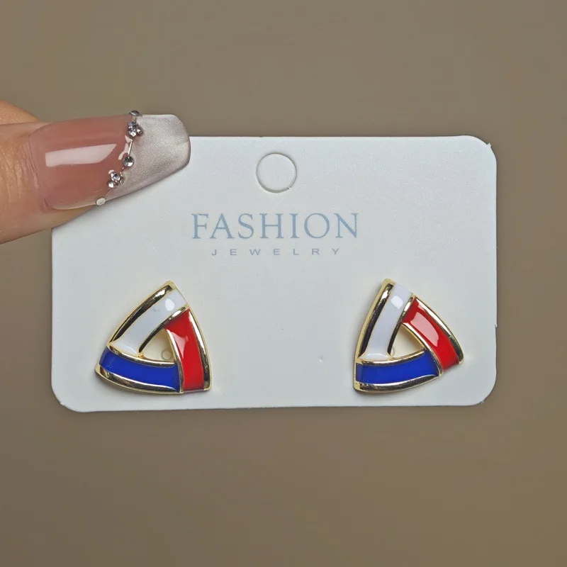 Trendy Hollow Out Triangle Stud Earrings White Blue Red Contrast Color Enamel Oil Geometry Earrings Punk Vintage Small Jewelry