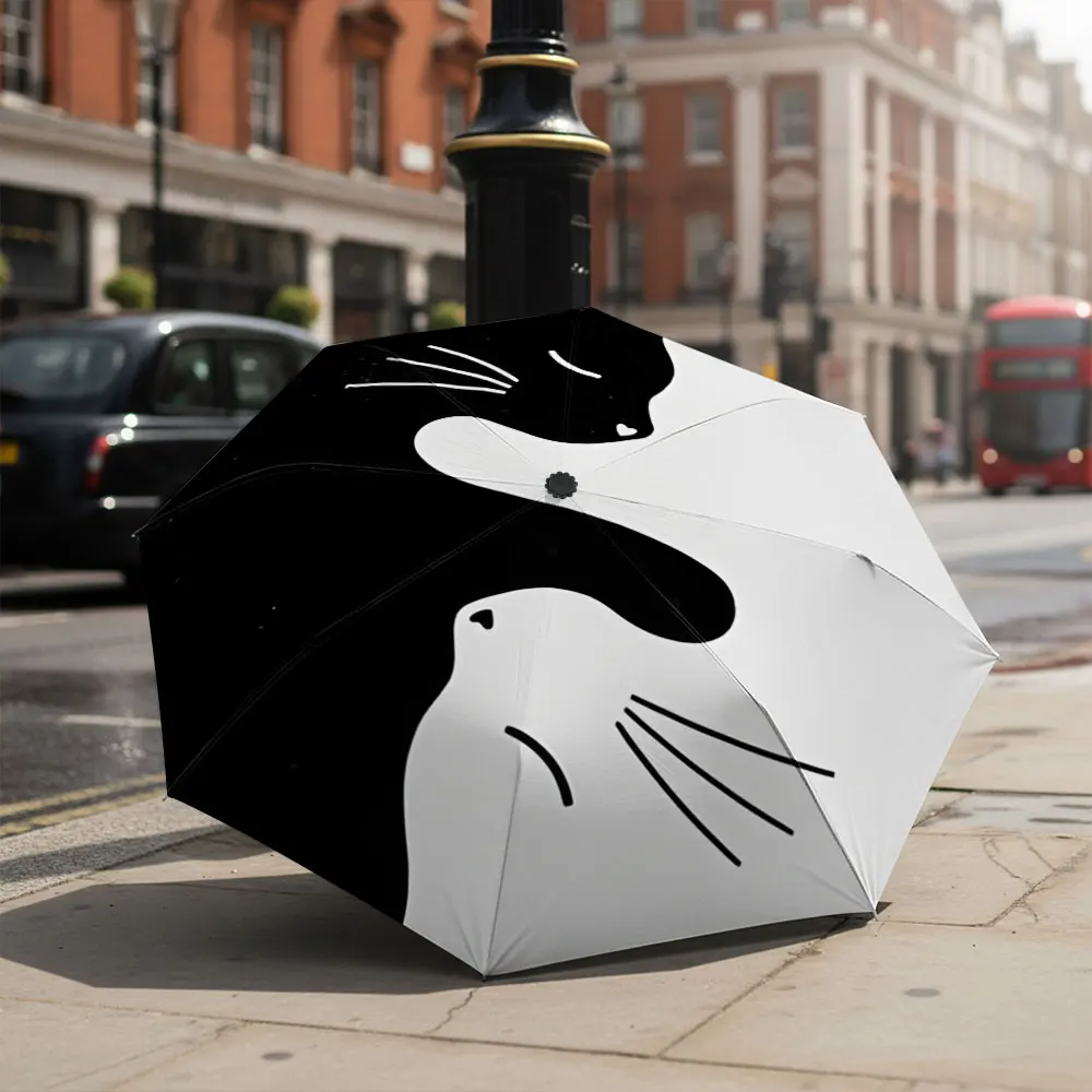 1P C Black and White Cat-Themed Umbrella Stands Out Outdoors Print 8 Iron Ribs Folding Umbrella Auto-Open Fashion Sunshade