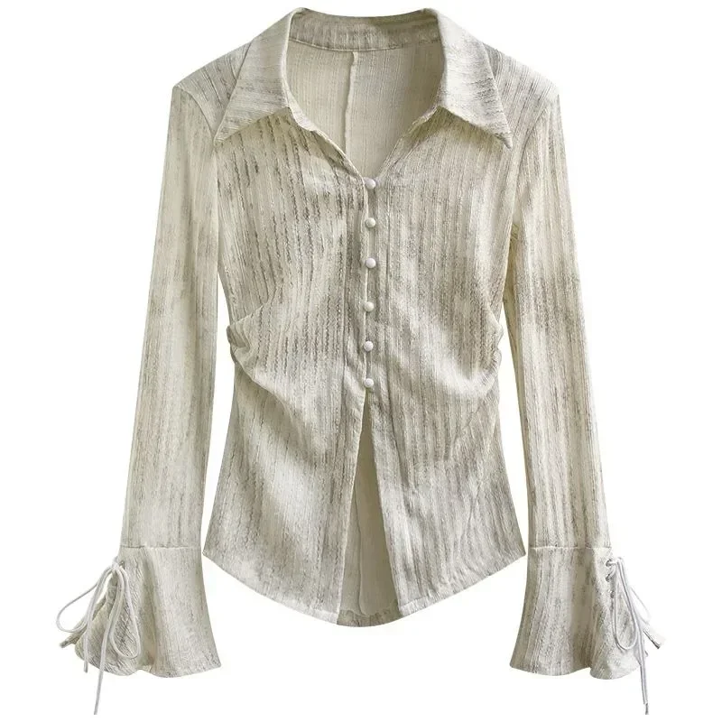 

Women Vintage Long Sleeve Blouse Elegant Turn Down Collar Tunic Top Slim Waist Flare Shirt Casual Office Wear All Match