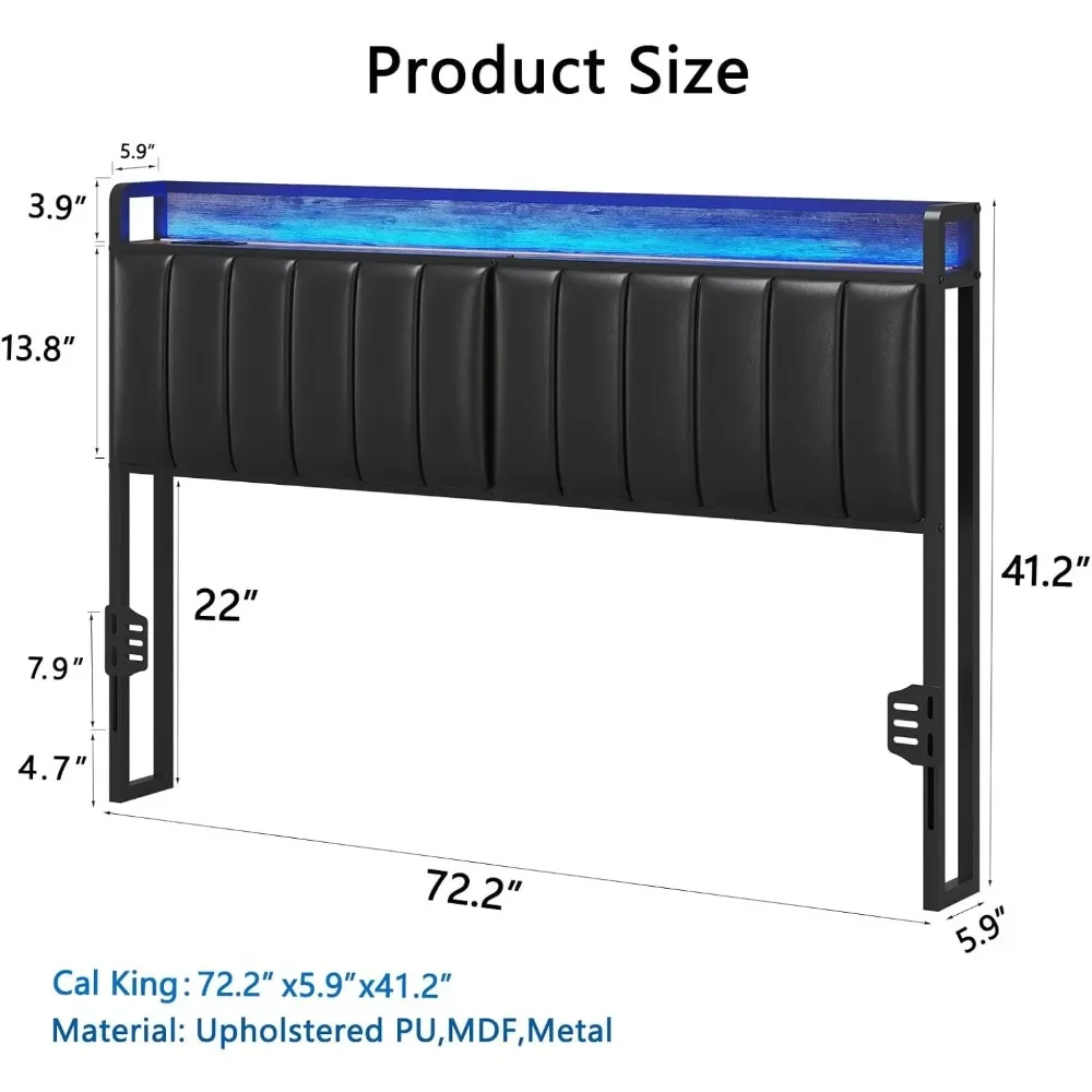 Upholstered Headboard with Charging Station, Cal King Storage Headboard Only, Attach Frame Height Adjustable,  PU Upholstery