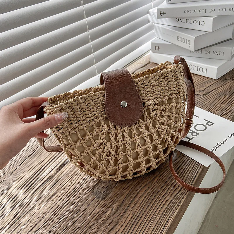 Yogodlns Sommer Stroh Tasche Für Frauen Mode Halbkreis Umhängetaschen Rattan Handgemachte Messenger Handtasche Reise Strand Taschen Tote – Detail 20