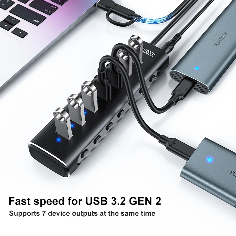 Imagem -05 - Rshtech-usb Hub para Laptop e pc Usb c para Usb-c Cabo de Dados Switches Individuais 10gbps Gen Usb 10gbps Portas