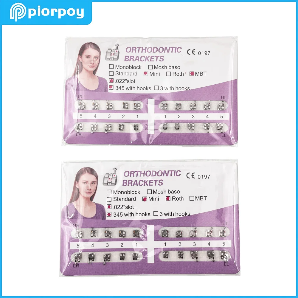 PIORPOY 1 Paquete de Brackets Dentales, Brackets de Ortodoncia Mini Roth/MBT 0.022, 345 Ganchos, Brackets Metálicos Monobloque, Materiales de Odontología