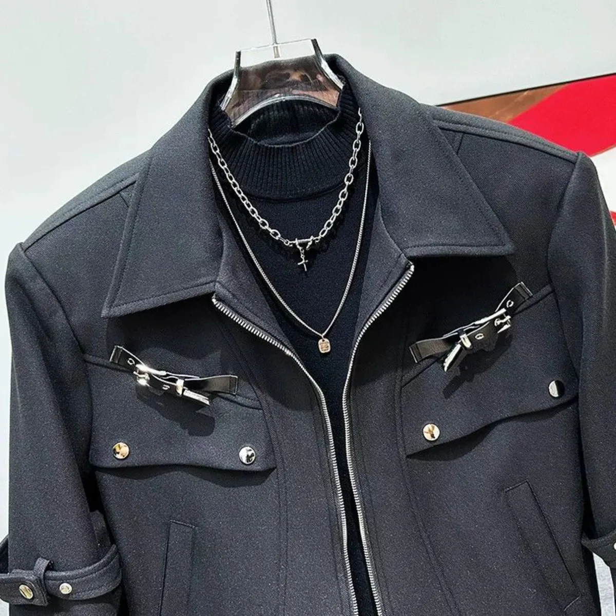 Veste zippée courte rétro pour homme avec coussinets initiés, manteau Streetwear Techwear, avant-garde, boucle découpée, style urbain énervé