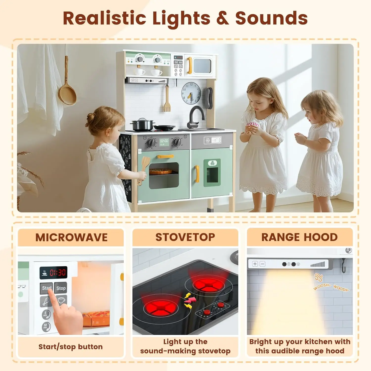 Baw się w kuchnię drewniany zestaw kuchenny dla dzieci udający zabawki dla małych dzieci z prawdziwymi światłami i dźwiękami, z regulacją wysokości 3, kredek