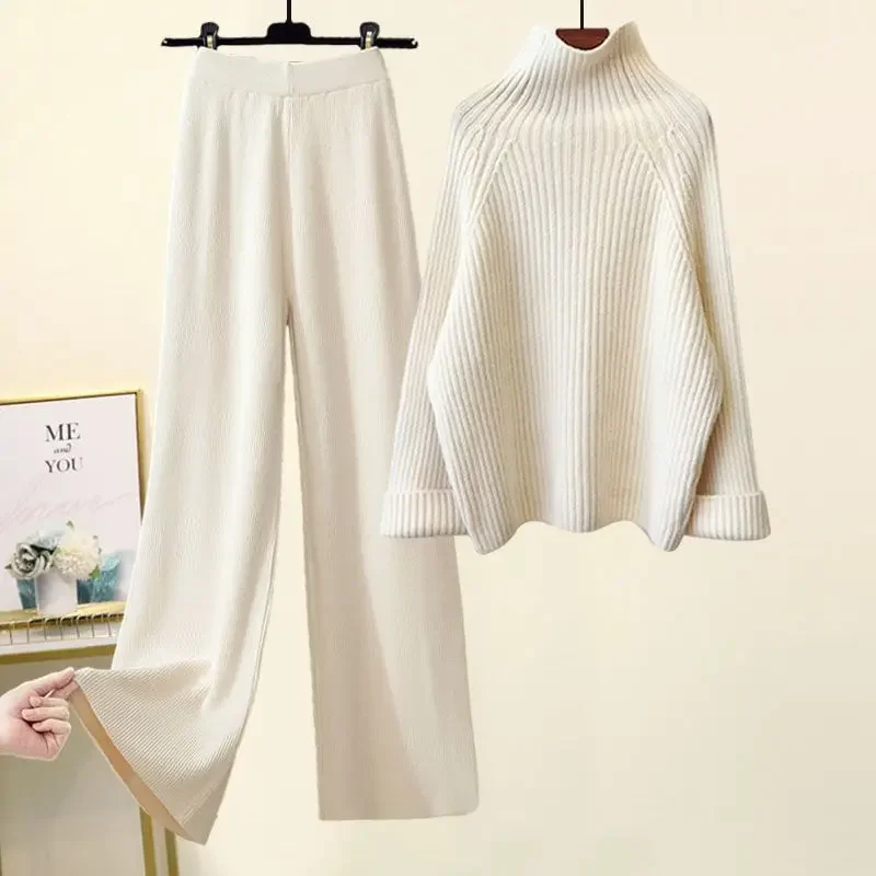 Conjuntos de prendas de punto cálidas de invierno para mujer, jersey de manga larga con cuello alto, suéter + pantalones de punto de pierna ancha de cintura alta