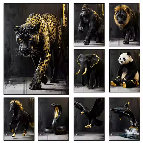 Black And Gold Panther Painting Jungle Safari Animals Canvas Wall Art Wolf Gorilla Elephant Lion King Poster Print Home Decor