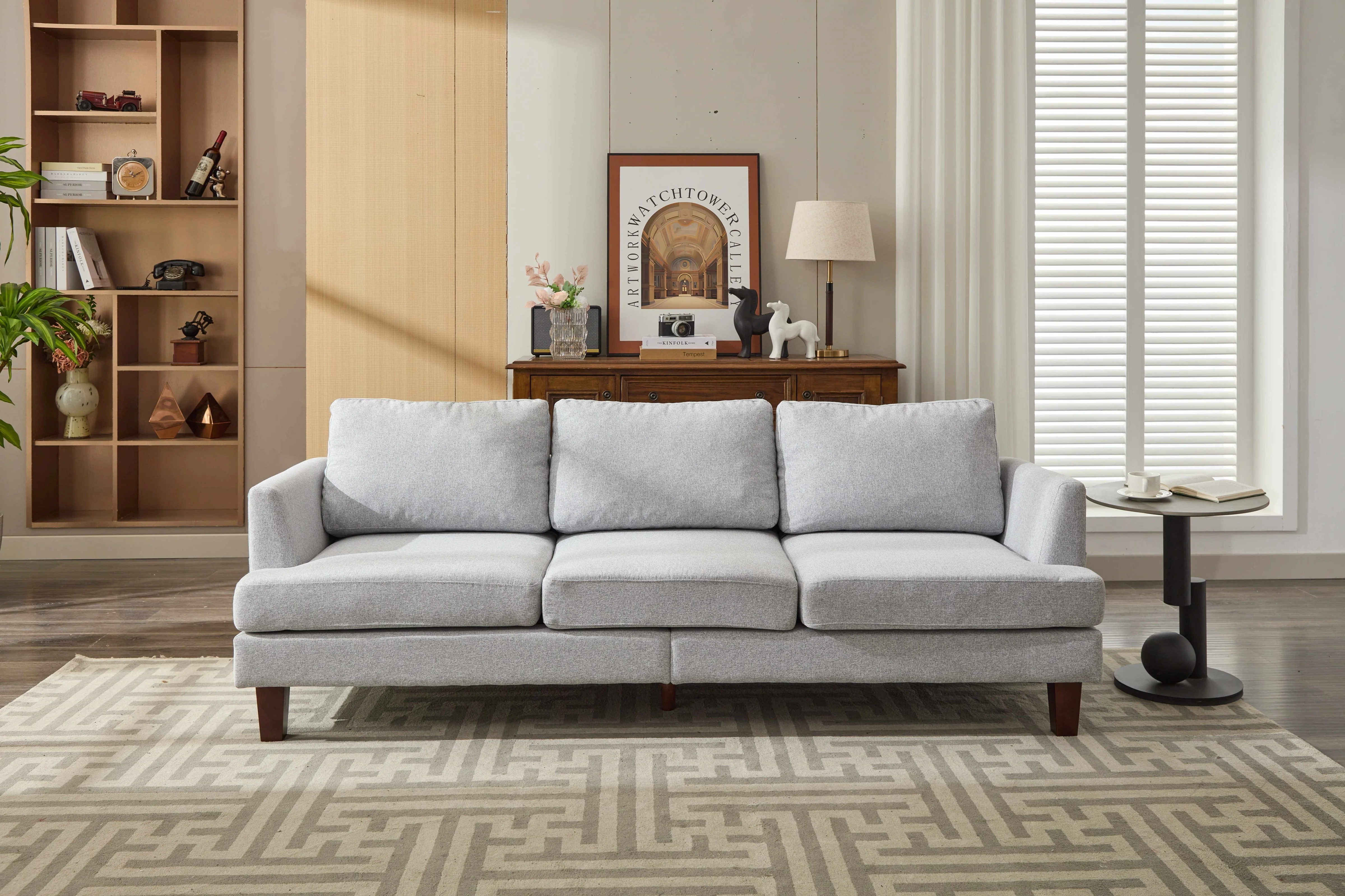 88-Inch Grey Three-Seater Sofa – Deep Seat, Connectors, Side Pockets, Soft Pillows, and Comfortable Armrests