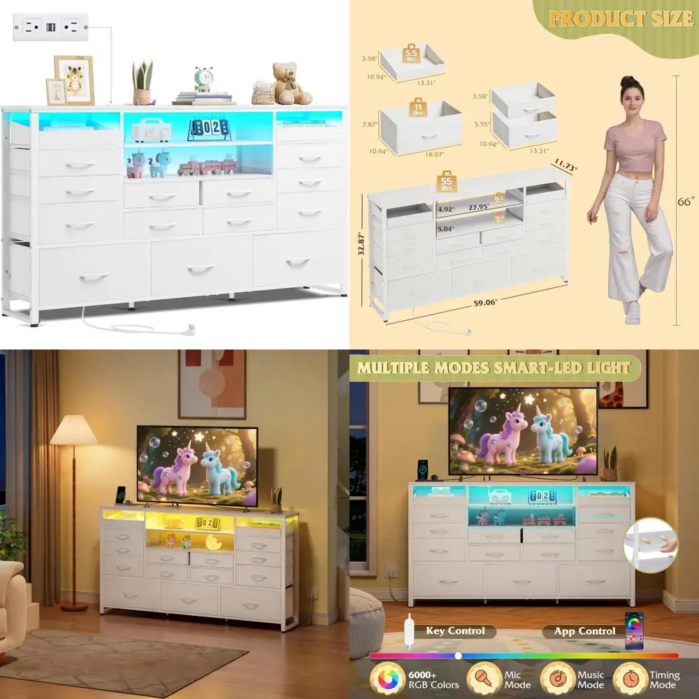 

Entertainment Center TV Stand for 55-65 Inch TVs with LED Lights and Charging Station, Media Console Table for Home Theater