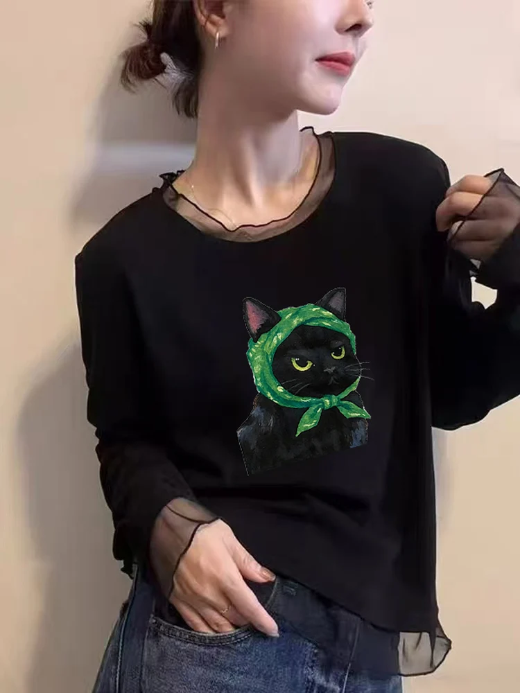 Korean Style Long Sleeve T-Shirt Women's Mesh Lace under Shirt Fashionable Versatile Slimming Top Commute Style Winter Season