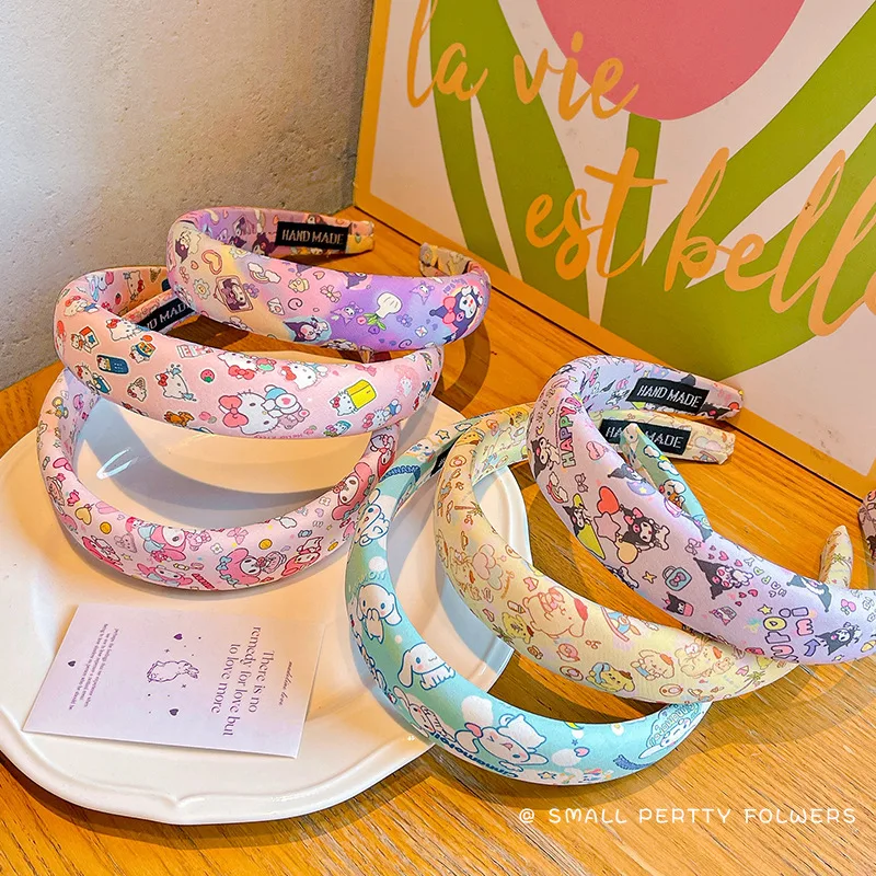 Nowa opaska do włosów dla dziewczynek Sanrio, gąbczasta, wysoka opaska na głowę, urocze akcesoria do włosów Kuromi, szeroka opaska z kompresją, gumka do włosów.