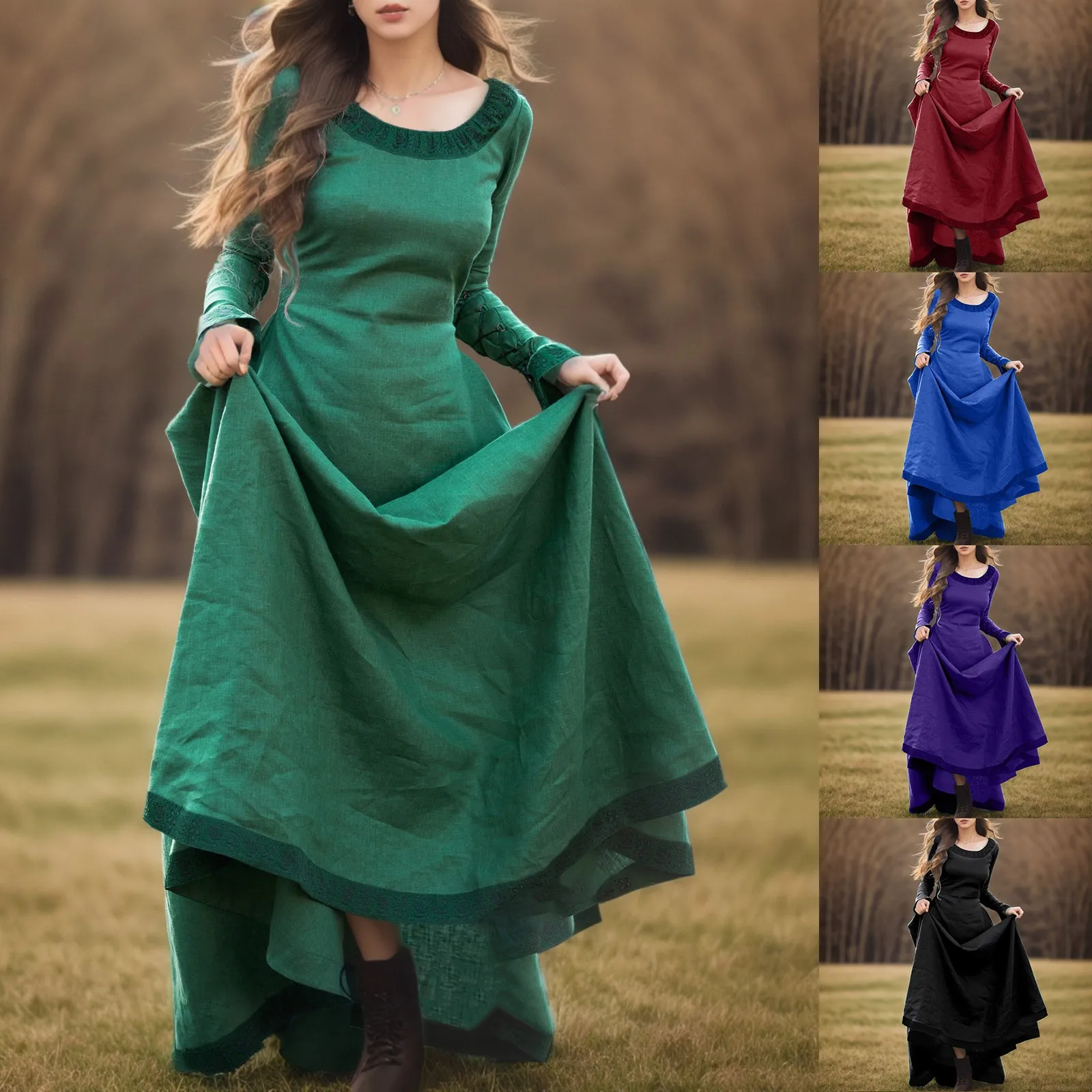 

Stitch Women Dress Vintage Long Sleeve Cotton Linen Women Court Dress Plus Size Long Gothic Medieval Dress Elegant Party Robes