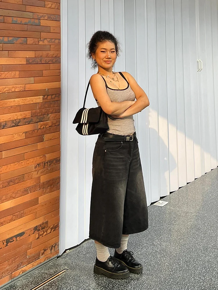 Women Blue Black Shorts Jeans High Waist Straight Pants TIKTOK Streetwear Y2K 90s Vintage Female Wide Leg Denim Cropped Trouser