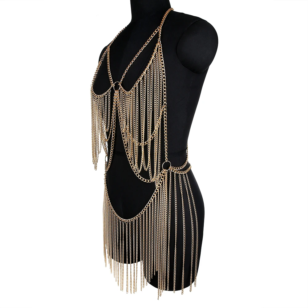 Sexy Women Metal Tassel Bling Body Chain Suit Chest Chain Gothic Punk Fashion Girl Festival Jewelry Accessories Club Outdoor