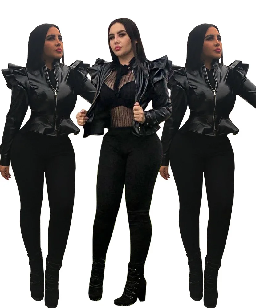 

Европейская и американская модная повседневная женская кожаная куртка с рюшами