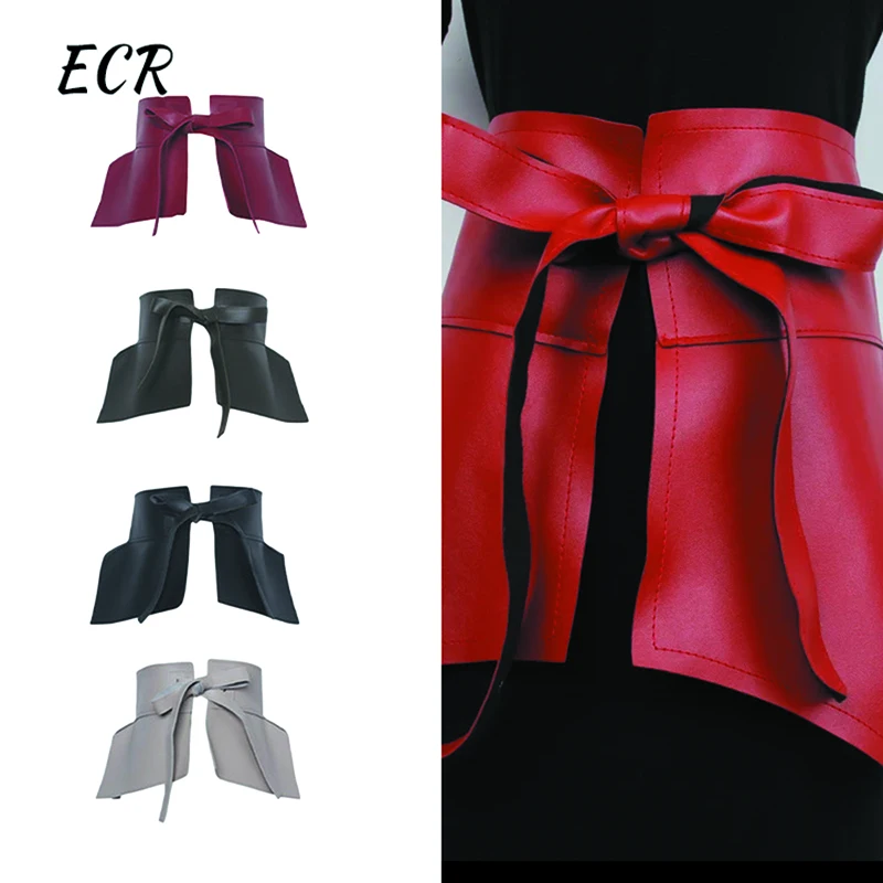 ECR Patchwork Lace Up Bowknot Leather Belt For Women High Waist Minimalist Oversized Solid Belts Female Summer Fashion Style New