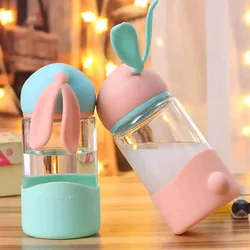 Cute Water Bottles Cartoon Rabbit Glass Bottle with Silicon Sleeve for Kids Student Girls Portable Drink Glass Cup