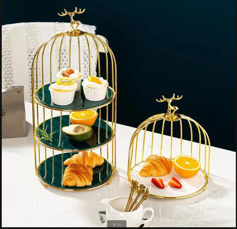 Wrought Iron Ceramic Cake Stand Multi-layer Fruit Plate Snacks Tray Dessert Pan Elk Display Decorative Plates