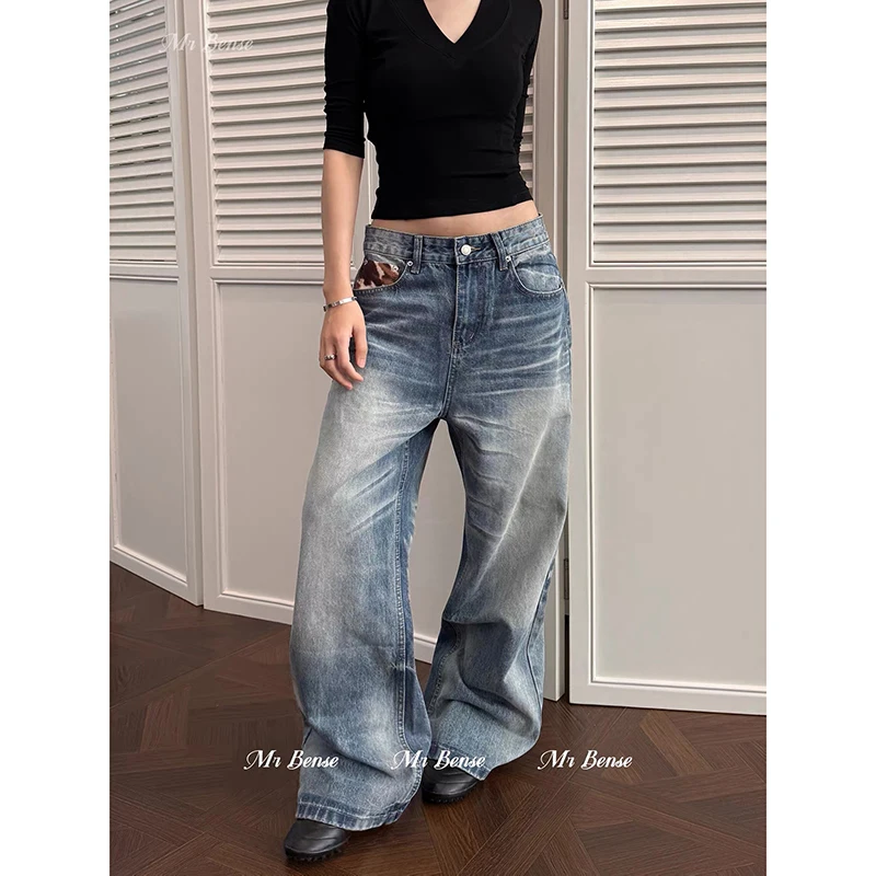YIBASHU Women's Gothic Y2k Blue Jeans Vintage Hiphop Grunge American Splicing Jeans Pants Baggy Boyfriend Wide Leg Denim Pants