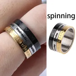 Titanium Steel Anxiety Fidget Ring Rotatable Finger Worry Ring for Men Spinner Date Time Calendar Roman Numerals Homme Punk Gift