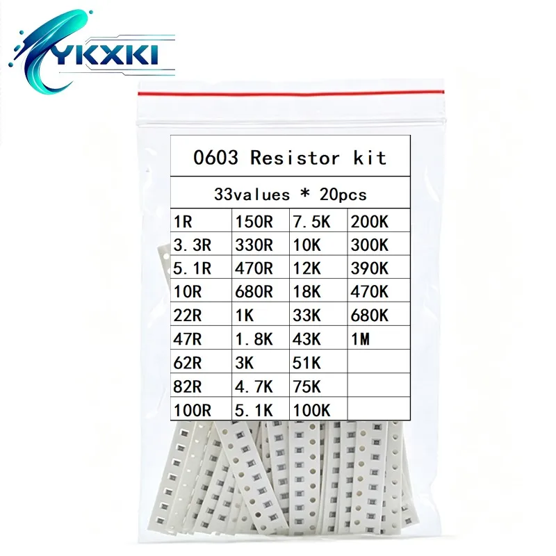 33values 0402 0603 0805 1206 1210 2512 SMD Chip Resistor Kit 1R~1M 5.1R 10R 22R 47R 100R 220R 1K 10K 100K 470K 680K sample pack