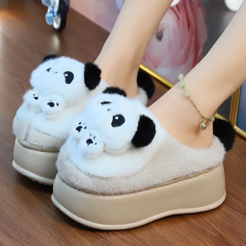 Platform Heels 5.8cm EVA slippers women Cute Panda Slippers Home Warm Winter fluffy Fur Slides Girls Women's home slippers