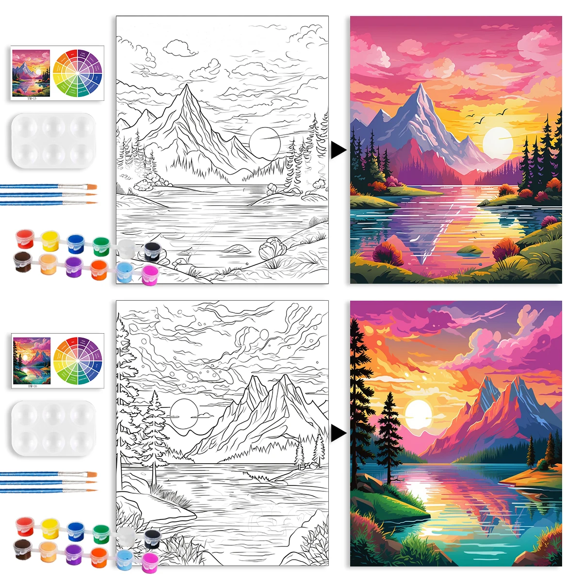 RUOPOTY 2pcs Canvas Painting 20x25cm/8x10inch Sunset Forest Landscape Framed Pre Drawn Canvas Paint Art Kits For Adults Supplies