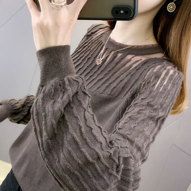 O-Neck Knitting Splicing Hollow Out Design Casual Sweaters Pullovers for Women 2022 New Korean Fashion Women\'s Clothing Chic Top