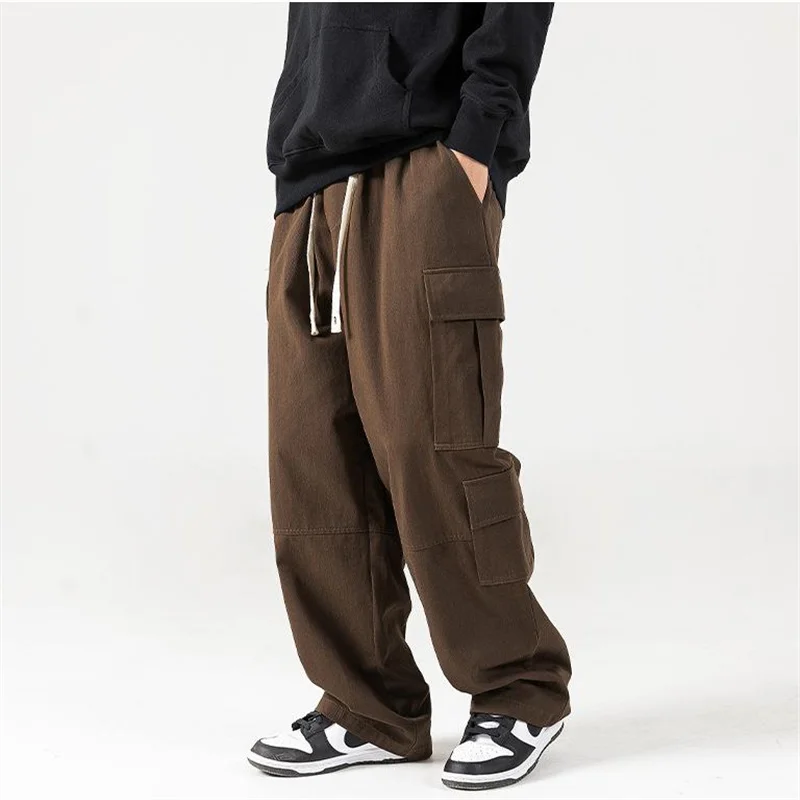 Loose Cargo Pants Men's Baggy Trousers Fine Grid Elastic Waist Overalls Wide Feet Pants Mens Wear Men Male Bottoms Plus Size XXL