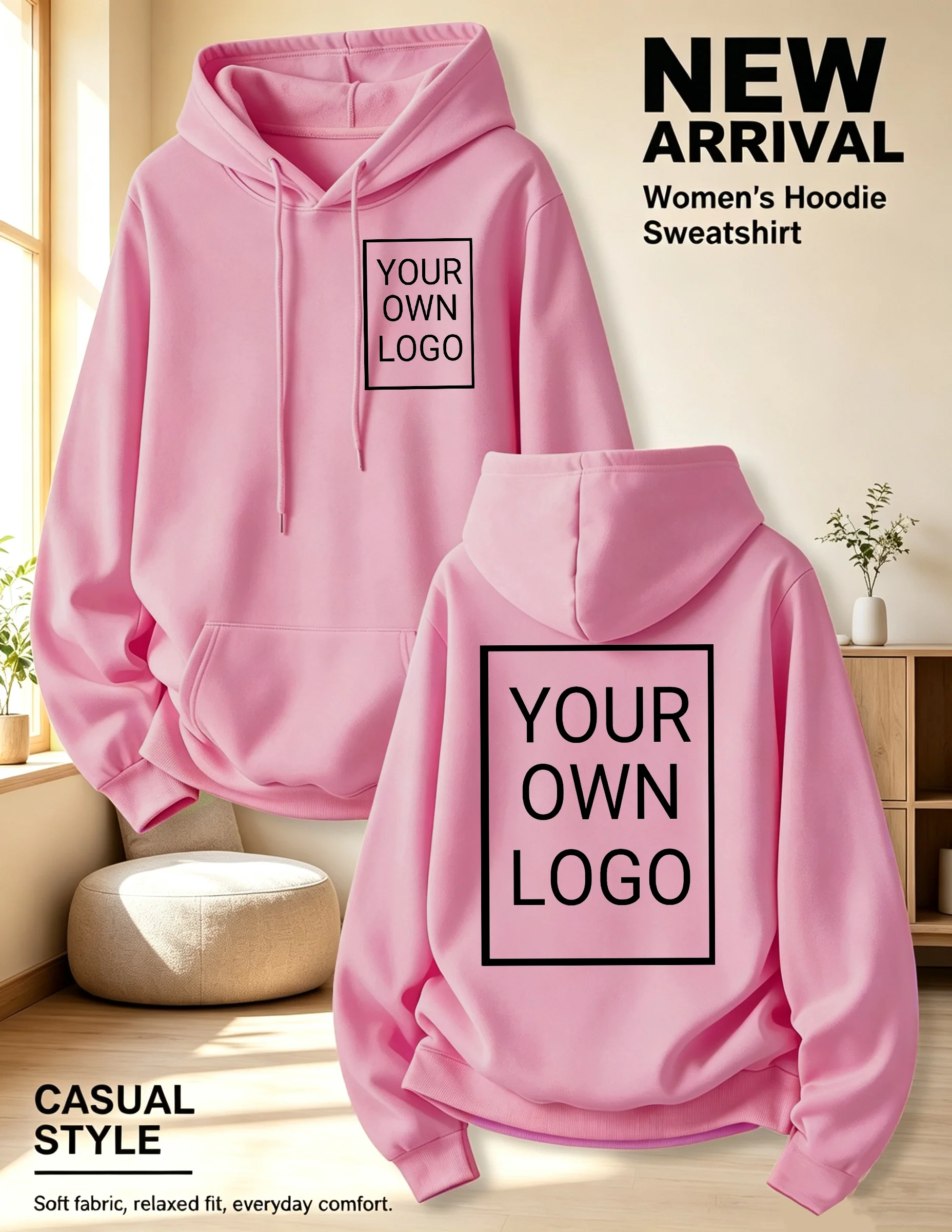 DIY Double Sided Customized Logo Women Hoodies Autumn Casual Streetwear Loose Fleece Pullover Jogging Pocket Unisex Hoody