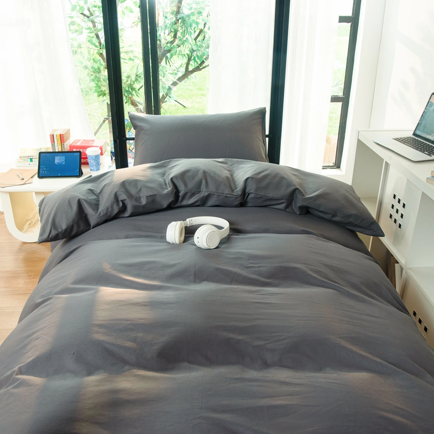 100% Cotton Bedding Set Minimalism Solid color, 3pcs Set Single Size for Back to School Season for Student Dormitory Decoration