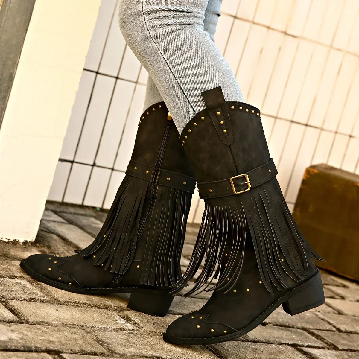 Women's Retro Chunky Heeled Long Boots Rivet Belt Buckle Mid-calf Boots Woman Autumn Winter Tassel Knee High Boot Plus Size