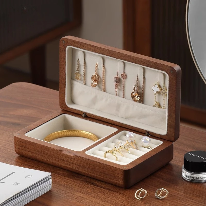 

Шкатулка для драгоценностей из орехового дерева, портативные коробки для хранения колец, ожерелье, браслет, роскошный витрина, органайзер для упаковки ювелирных изделий