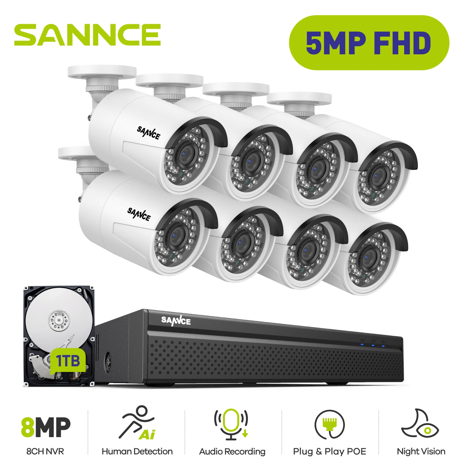 SANNCE 5MP Outdoor Surveillance Camera System 8MP NVR IR Night Vision Waterproof POE Video Security Protection Cameras CCTV Kit