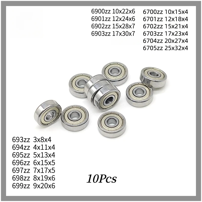 10Pcs Mixed Thin Wall Deep Groove Ball Bearings 692ZZ~699ZZ, 6900ZZ~6903ZZ, 6700ZZ~6705ZZ Double ZZ