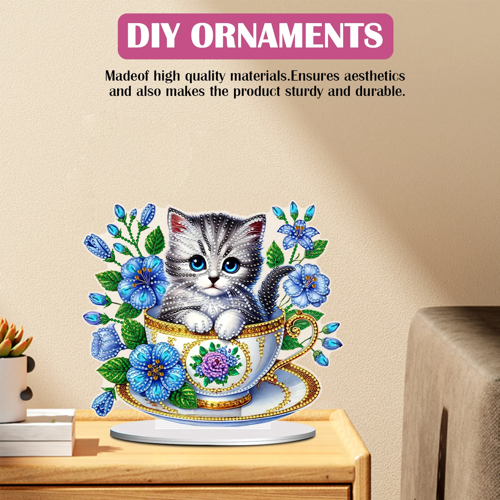 

2D плоская картина-раскраска с кошкой в чашке, алмазная вышивка, украшение для рабочего стола