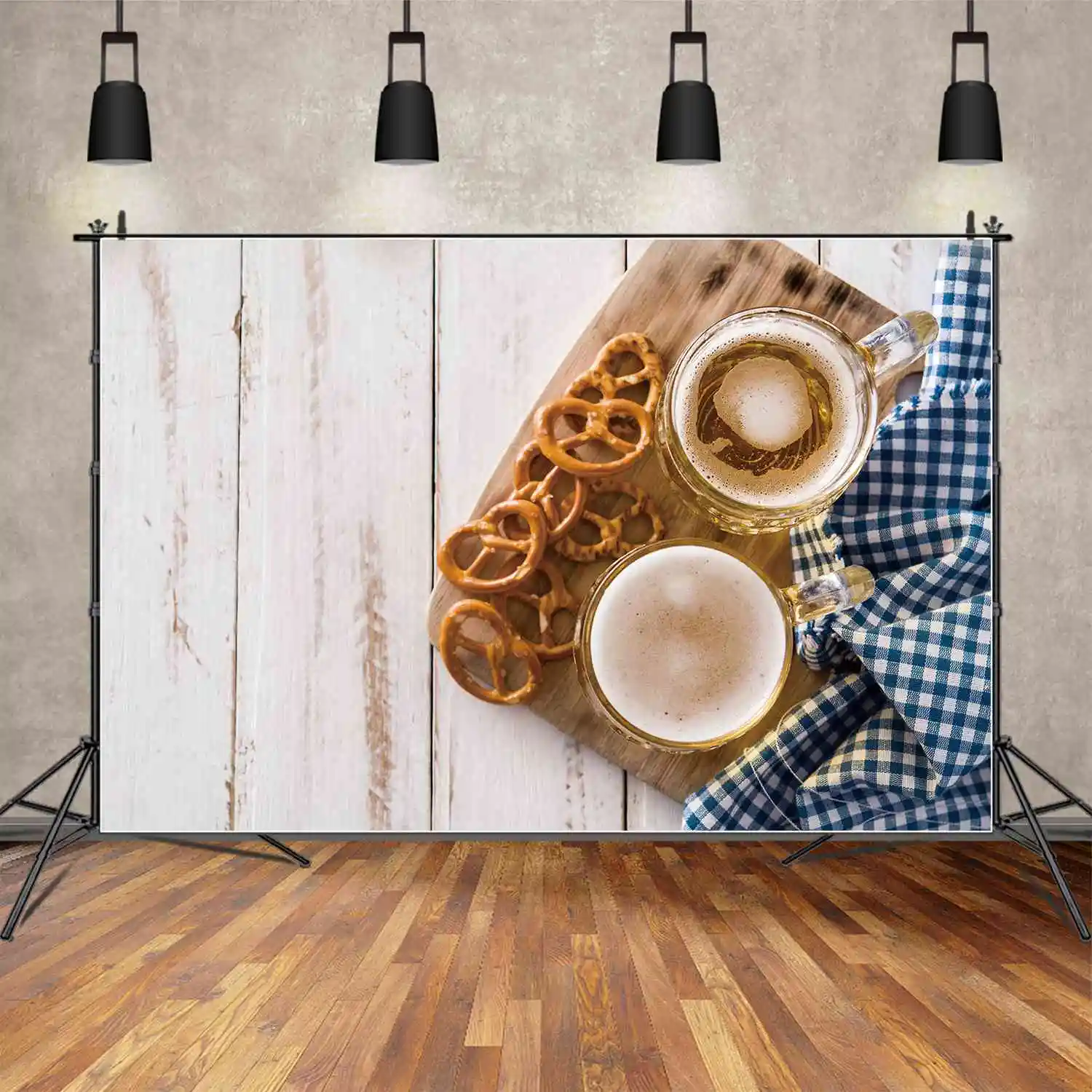 MOON.QG Backdrop Customized Oktoberfest Beer Festival Glass Party Props Background Bagel Check Cloth Wood Board Wall Photo Booth