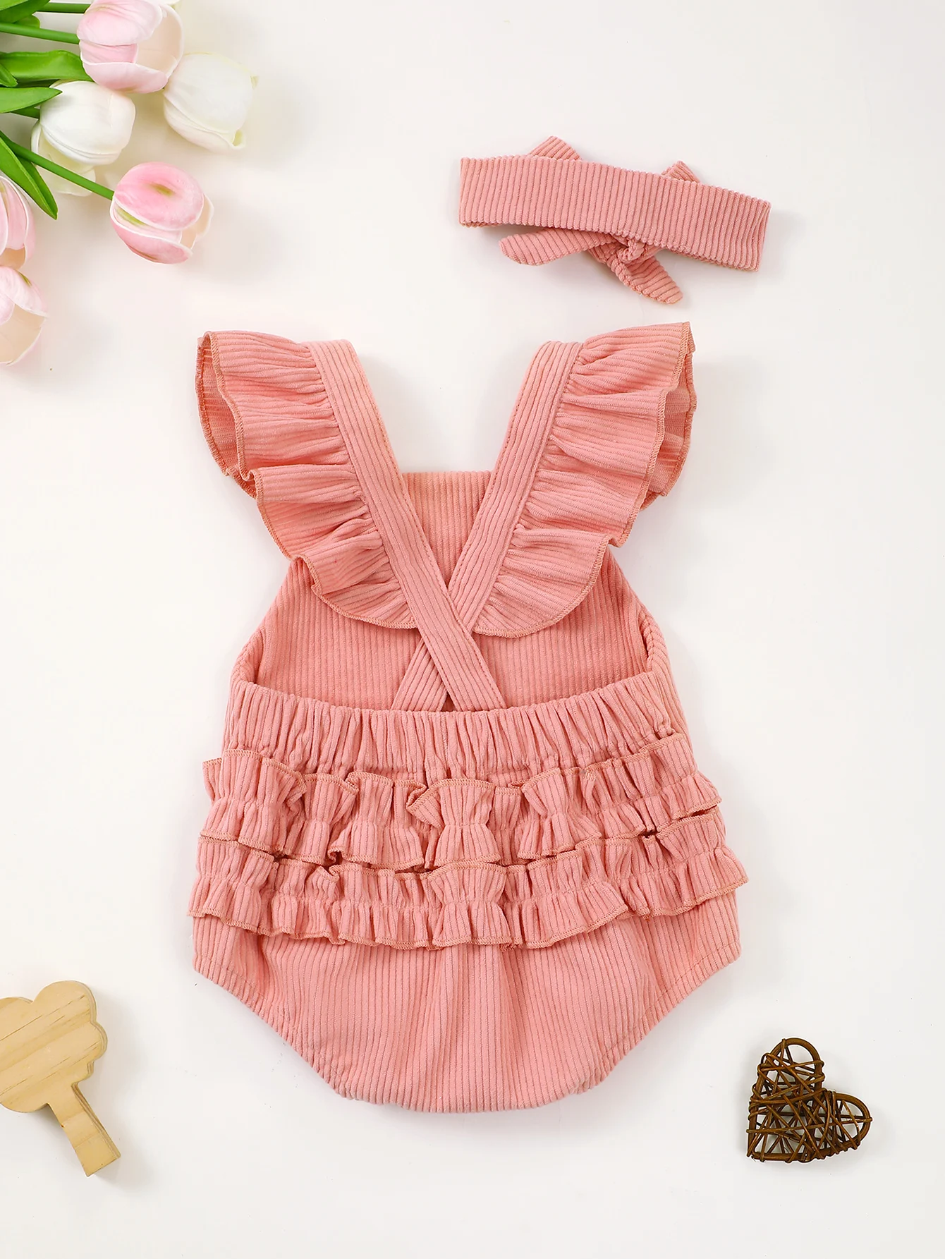 Cute Baby Girl Romper with Embroidered Rugby Pattern And Lace Trim with Matching Hairband Infant Clothing Set