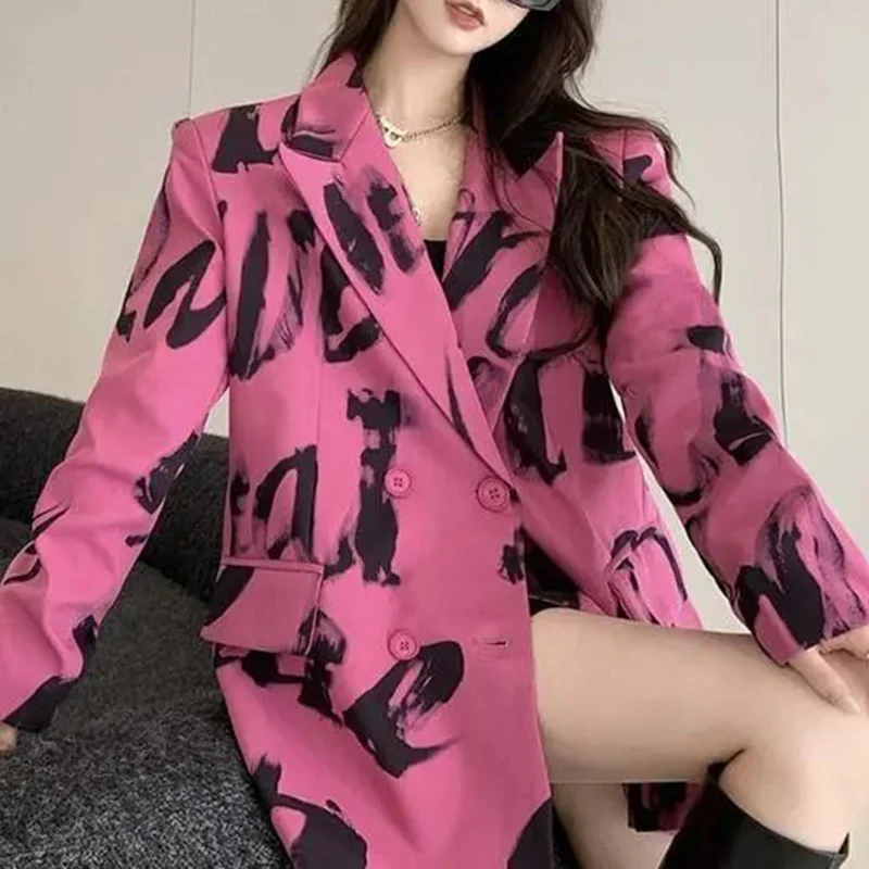 Fashion Lapel Spliced Pockets Printed Casual Blazer Female Clothing 2023 Autumn New Korean Tops Loose Commute Blazers