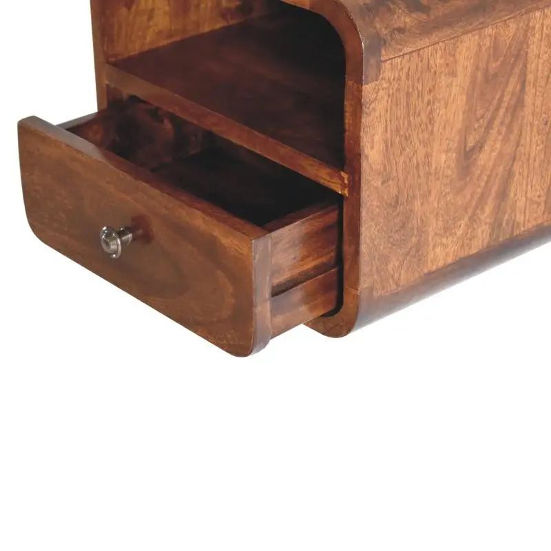 Extra Mini Curved Chestnut Wall-Mounted Nightstand with Open Slot and 1 Drawer Storage Solution