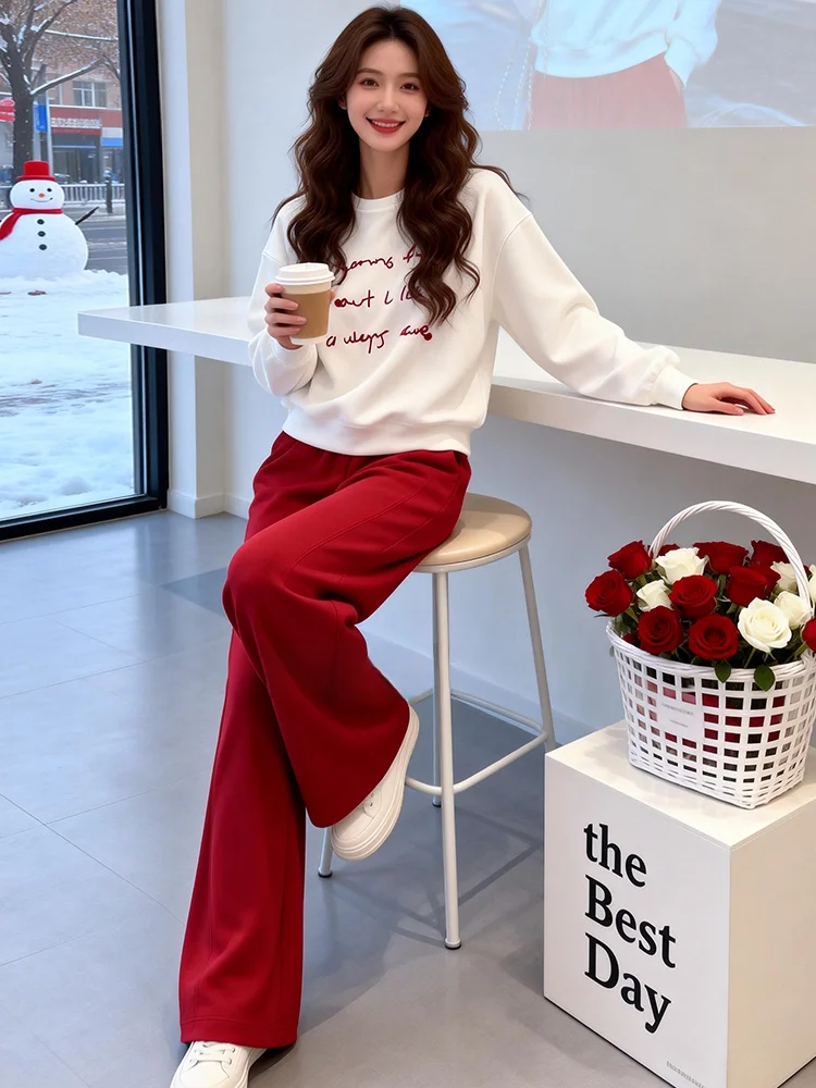 

Salt Series Street Style Casual Set Women's Spring 2026 New Letter Long Sleeve round Neck Sweatshirt Red Wide Leg Pants Two P...