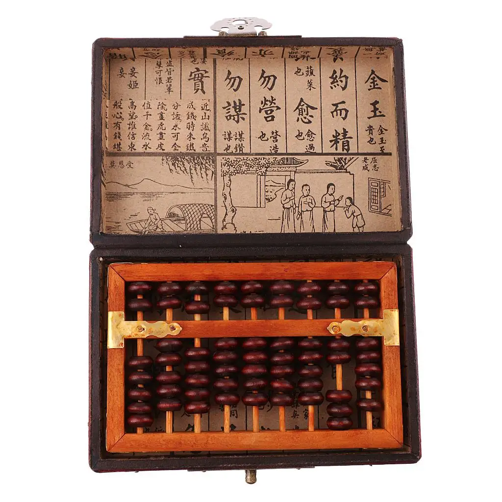 9 Rows Vintage Chinese Wooden Bead Arithmetic Abacus with Box Calculator