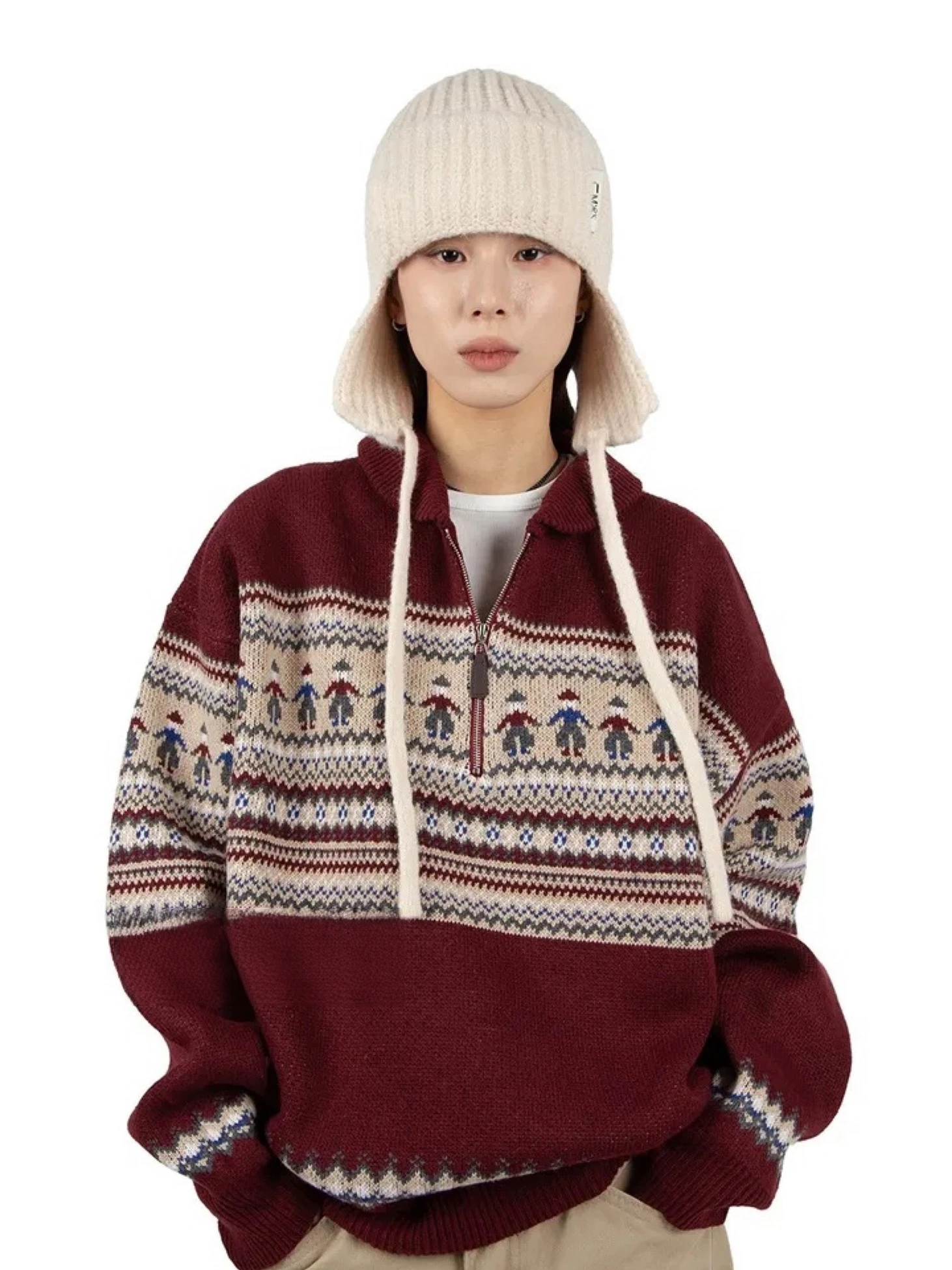 سترة Street Sle Retro Fair Isle Nordic كاجوال بسحاب طويل Sve، نسخة كورية فريدة من نوعها، فضفاضة تناسب...