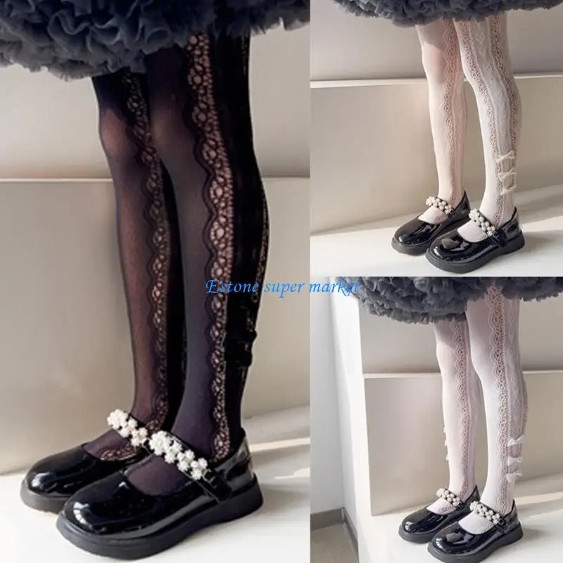 

090B Baby Girls Pantyhose Solid Color Lace Tights Fashion Long Stockings Heart Decor