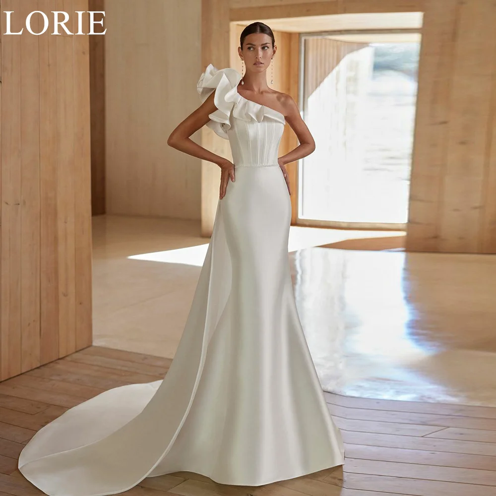 LORIE Elegant Mermaid Satin Wedding Dresses One Shoulder Ruffles Sleeveless Graceful Bridal Gowns Vestidos De Novia Customized