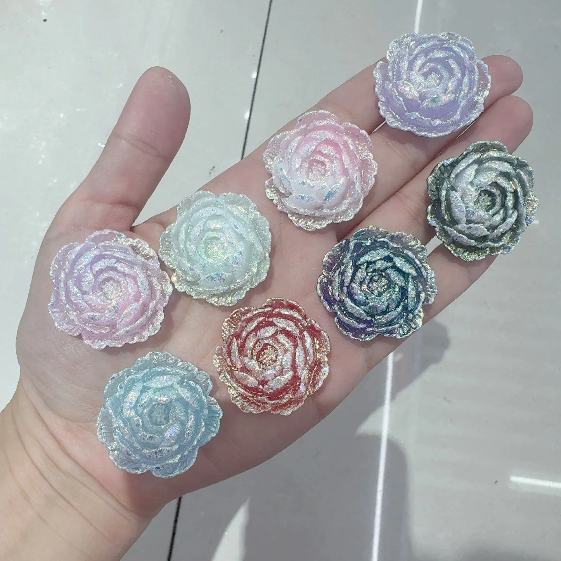 500PCS Sparkling 30MM Soft Rubber Bursting Double Petal Rose Resin Luminous DIY Accessory Hair Accessories for Mobile Phones